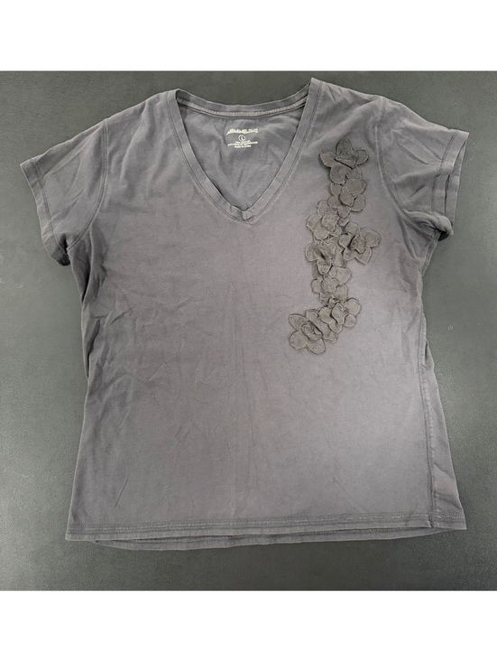 Eddie Bauer Tops - Eddie Bauer Women's Gray Short Sleeve V-Neck T-Shirt with Floral Applique, SizeL